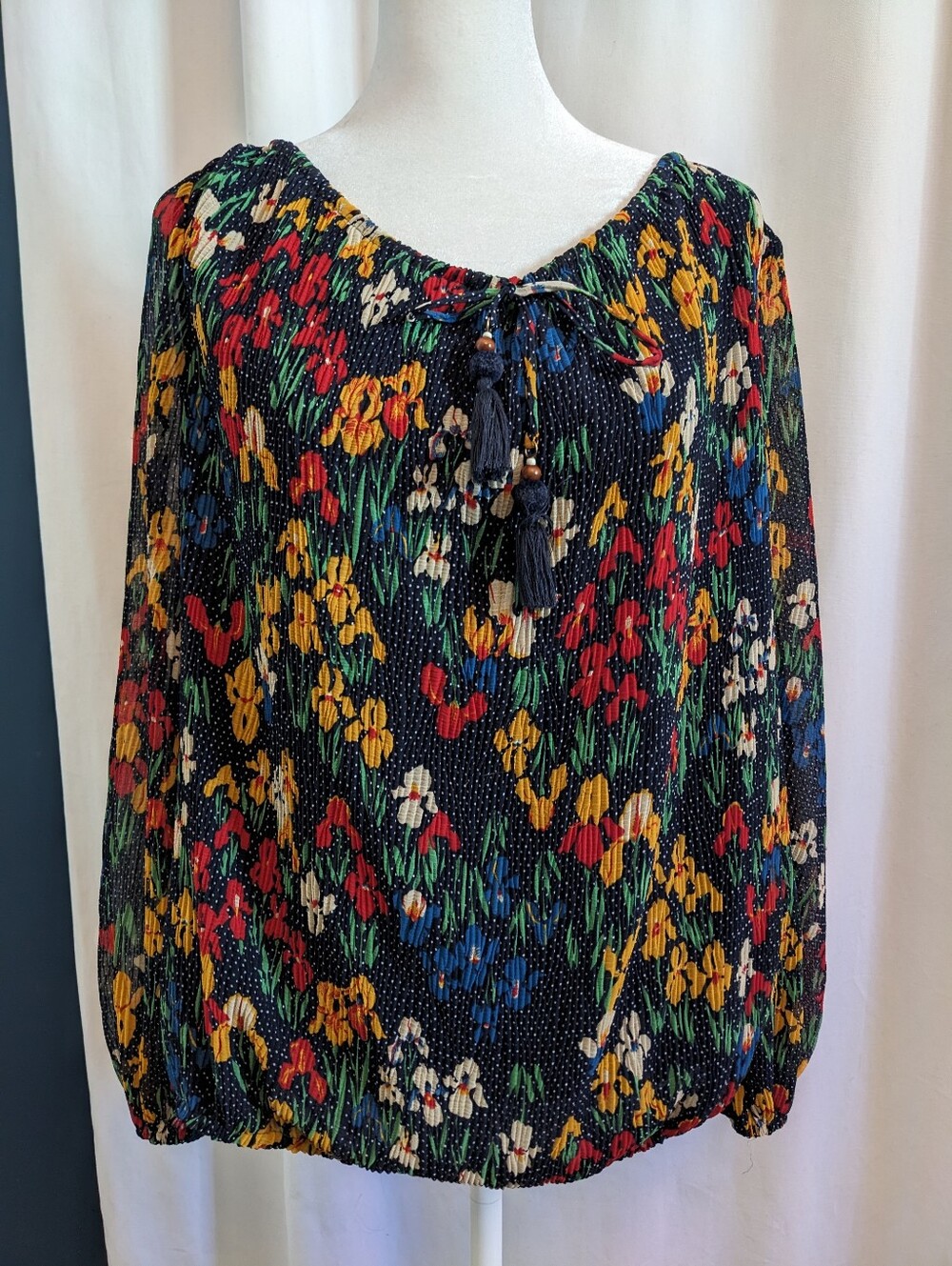 Tory Burch Womens Multicolor Floral Long Sleeve V-Neck Tassel Tie Blouse S